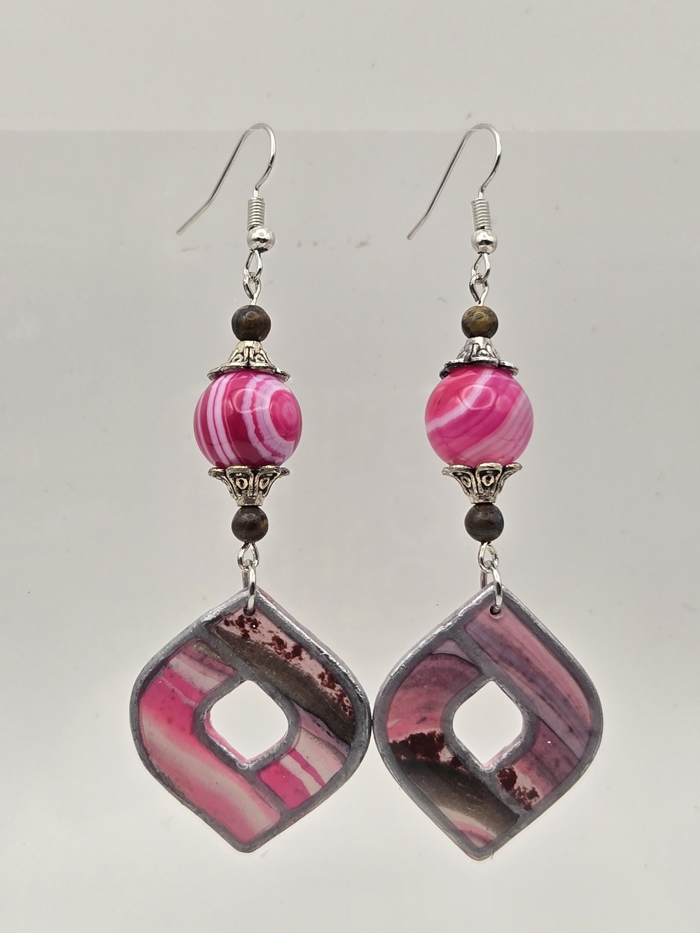 #B115- Pink Striped Drop Earrings with Silver Accents - Tigers Eye And Agate